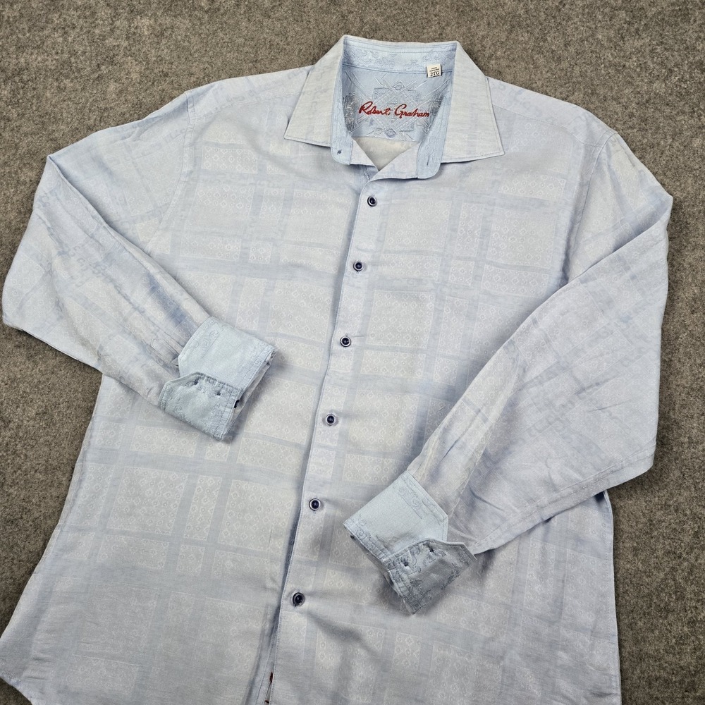 Robert Graham‎ Button Up Shirt Mens 2XL Blue Linen Blend Flip Cuff Long Sleeve